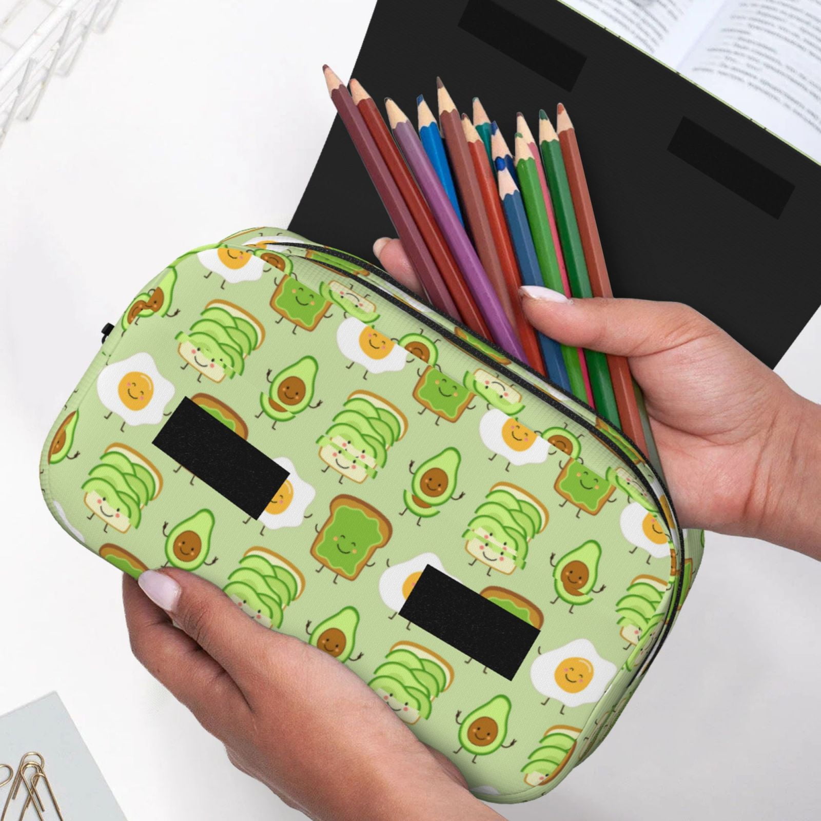 Rateoe Avocado And Toast Pattern Double Clamshell Pen Case, Storage Organizer with Two Zipper Compartments– Holds Up to 50 Pencils & Pens