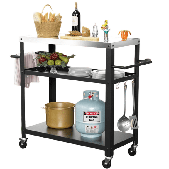 Datingday Grill Cart with Three-Shelf,Indoor/Outdoor Kitchen Island,Heavy-Duty Rolling BBQ Grill Cart & Pizza Oven Stand, Stainless Steel Prep Cart with 210LB Tabletop & 4-Wheel Casters