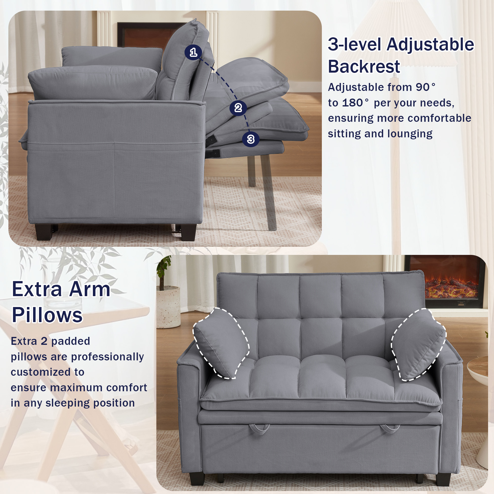 Pingliang Home Convertible Loveseat Reclining Sleeper Sofa Pull Out Bed,2 Seat Small Couch with Storage Side Pockets,for Living Room Apartment Office Studio