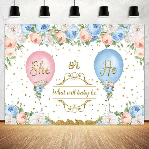 He or She Gender Reveal Backdrop Baby Gender Reveal Boys or Girls Gender Party Photography Background Pink or Blue Floral Balloons Baby Shower Party Decorations Banner Photo Studio Props