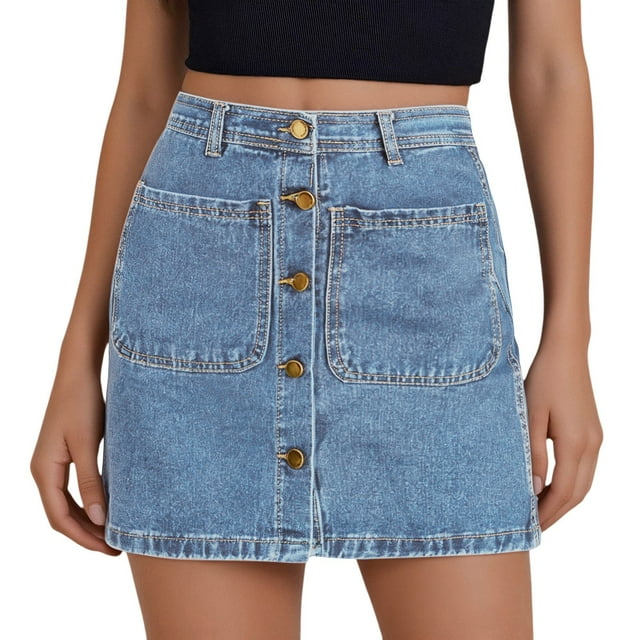 Jean Skirts For Women High Waisted Stretchy Mini Button Front Skirt - Polyester, Trendy with Patch Pockets for Daily Style