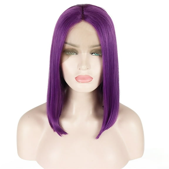 Unique Bargains Lace Front Wigs for Women 14" Purple Medium Long Straight Bob with Wig Cap