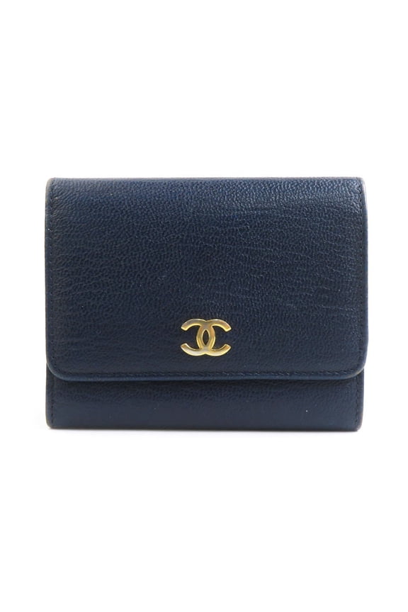 Pre-Owned CHANEL Tri-fold Leather Wallet, Navy, Women's, r10949g (Good)