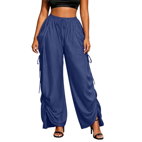 Gytharion Women's Plus Size Fashion Pleated Trousers Solid Color Drawstring Pants Loose Elastic Waist Pants with Pockets