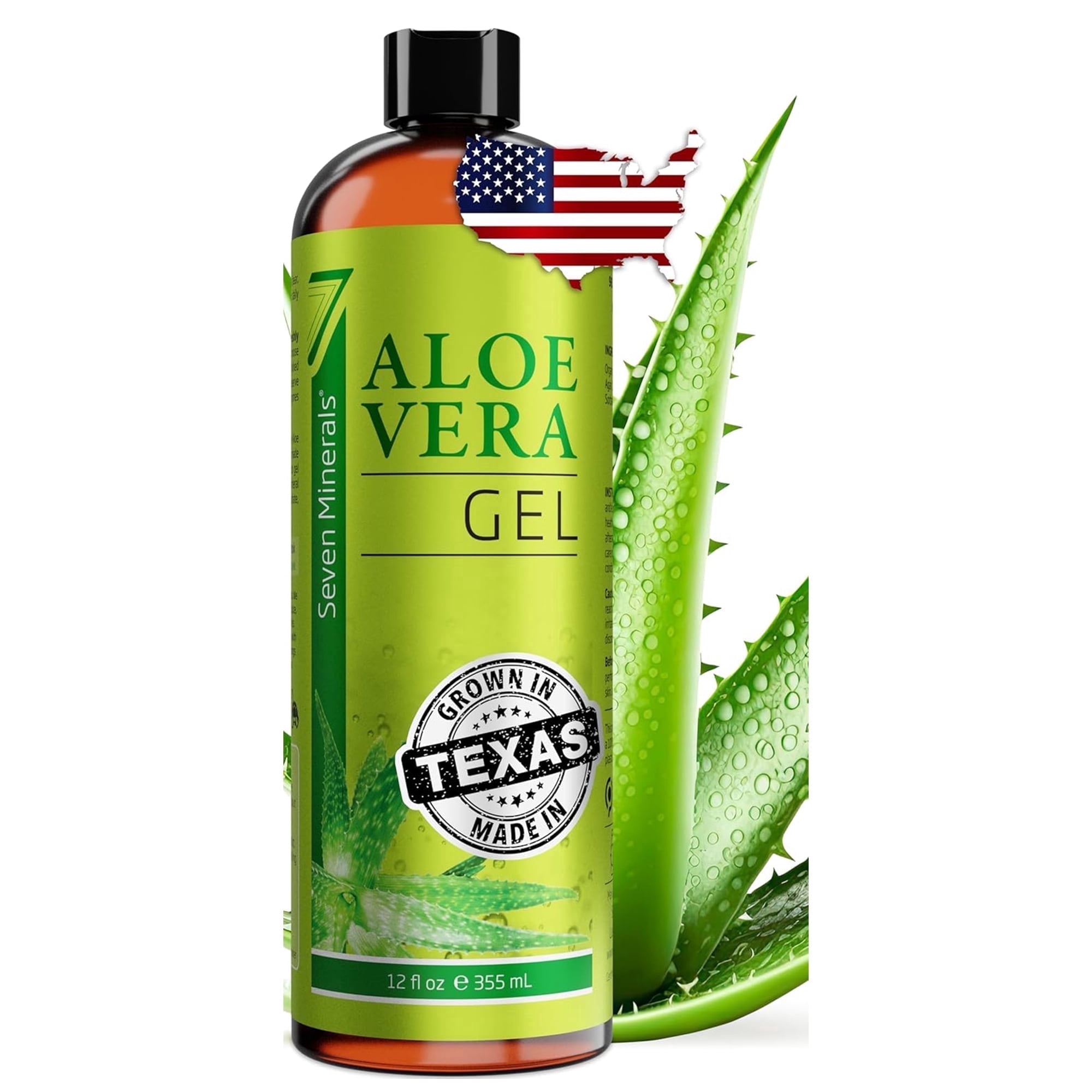 Seven Minerals Aloe Vera Gel – Texas-Grown Fresh Organic Aloe – Vegan, Unscented Gel for Face, Skin, Hair & Sun Care, 12 fl oz