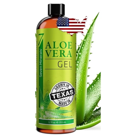 Seven Minerals Aloe Vera Gel – Texas-Grown Fresh Organic Aloe – Vegan Unscented Gel for Face Skin Hair & Sun Care 12 fl oz