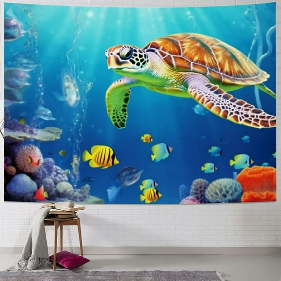 Creowell  Sea Turtle Tapestry Tropical Fish Jellyfish and Coral Reef Under Blue Sea Wall Hanging Blanket Ocean Tapestries for Bedroom Living Room Dorm Decor 40x30inch