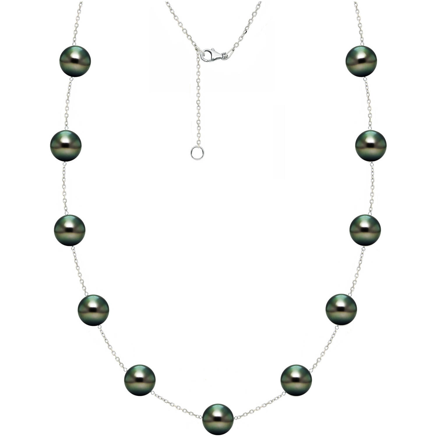 8mm x 10mm Black Tahitian Pearl Sterling Silver Station Necklace, 18" with 2" Extender by Generic