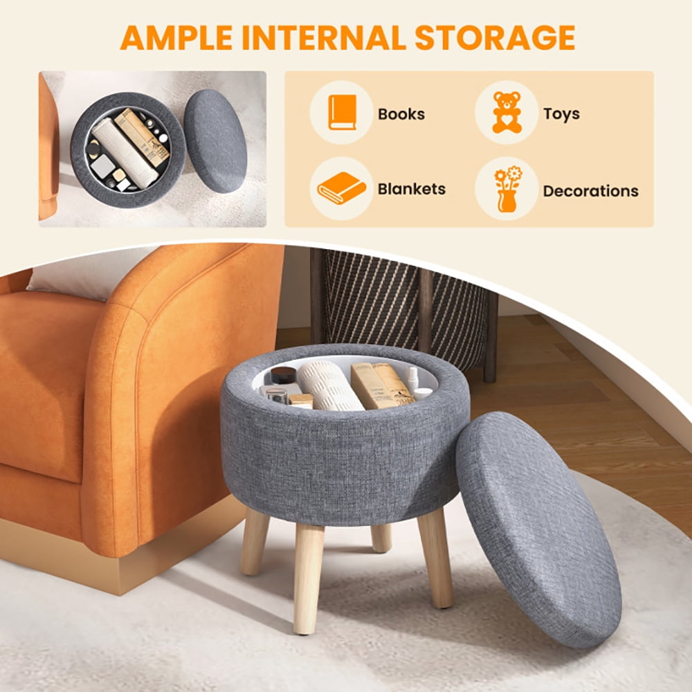 Finihen Storage Ottoman Foot Stool, Vanity Stool with Storage, Round Storage Ottoman with Rubber Wood Legs and Adjustable Foot Pads, for Makeup Room, Living Room, Bedroom, Gray