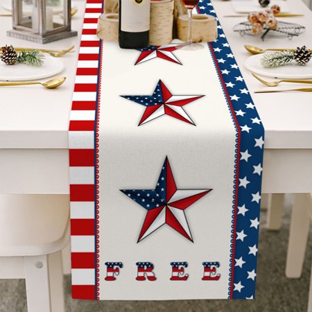 

July 4th Independence Day Cotton Linen Table Runner 13x70 Inch USA American Flag Day Theme Stars Red Stripe Table Runners for Dinning Table Holiday Farmhouse Dinner Kitchen Decoration