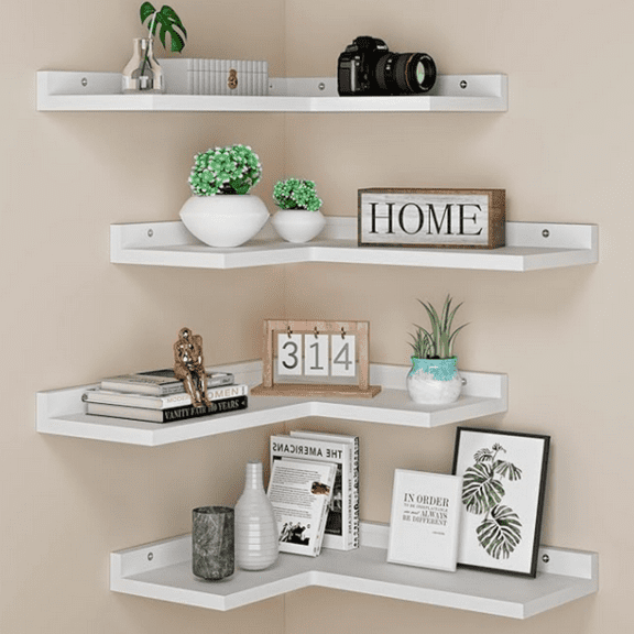 4 Tier Floating Corner Shelves White Set of 4, Rustic Pine Wooden Floating Corner Wall Shelf for Wall  Storage, L Shaped Corner Shelf Wall Mount for Bedroom, Living Room, Bathroom, Kitchen