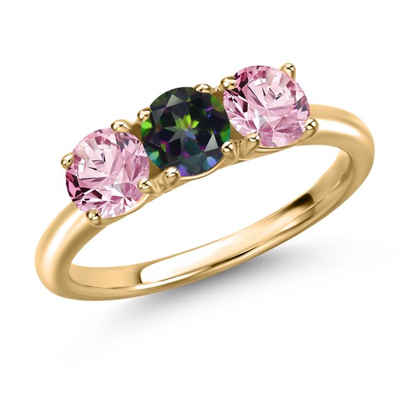 Gem Stone King 10K Yellow Gold Green Mystic Topaz and Pink Lab Grown Diamond Engagement Ring for Women | 1.55 Cttw | Round 5MM | Gemstone November Birthstone | Size 9