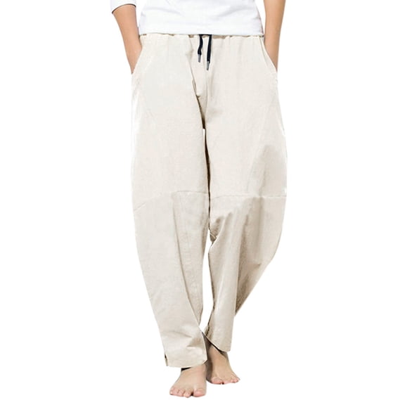 Kureaily Men's Fashion Large Size Loose Cotton Linen Wide Leg Casual Trousers Pants