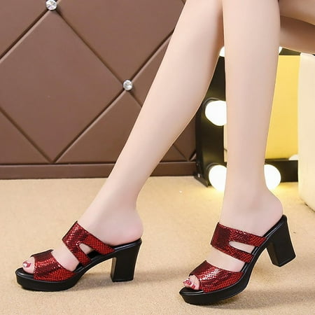 

Dpityserensio Summer Fashion: Fish Mouth Thick Heels Wearing High-Heeled Mother s Shoes Summer Women Sandals Clearance Red 4.5(35)