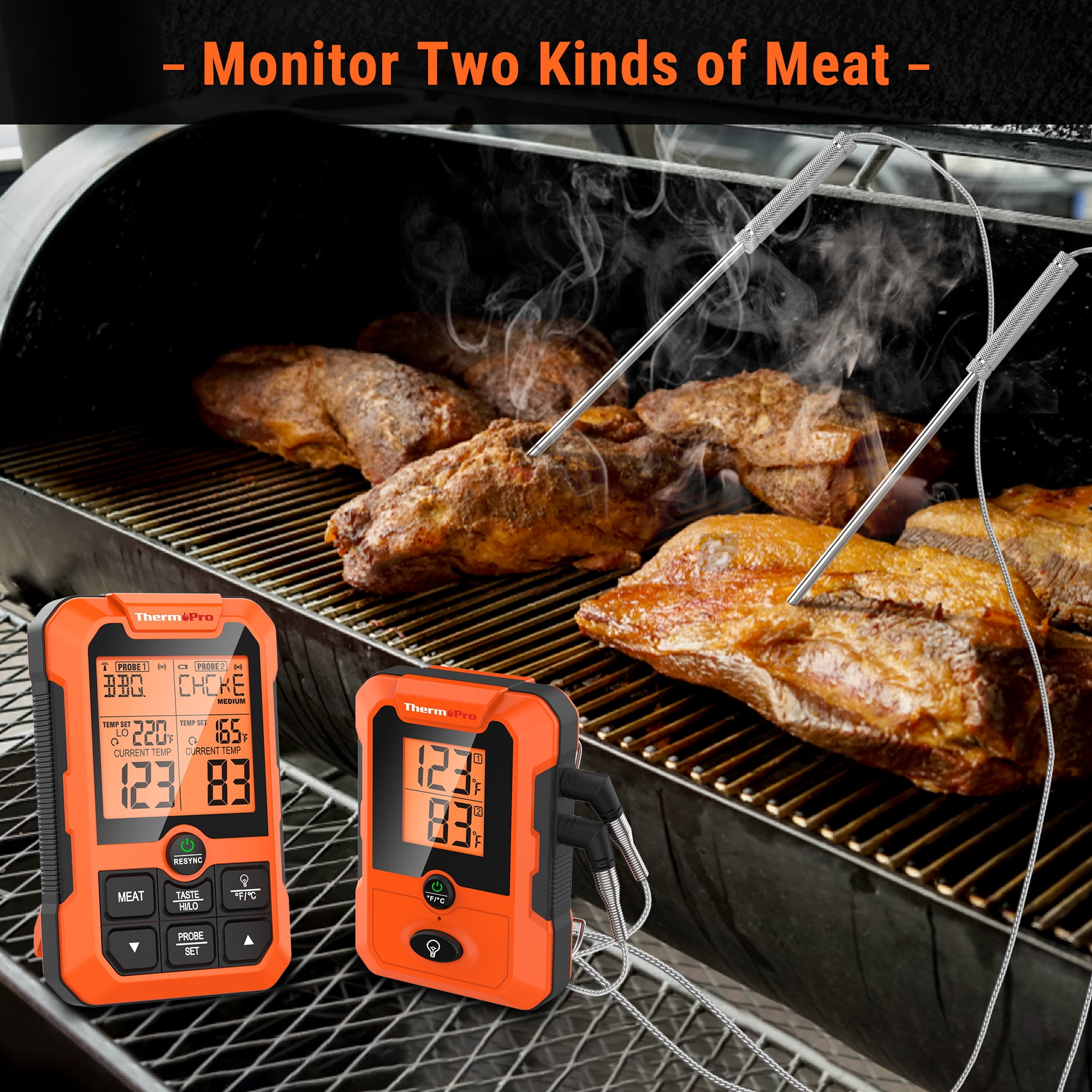 for Wireless Turkey Beef ThermoPro Dual Cooking Thermometer Meat Grill Dual Probe Fish Smoker Rechargeable BBQ Thermometer for Probes, Thermometer TP810W Oven, with of 500FT, Meat Smart Thermometer