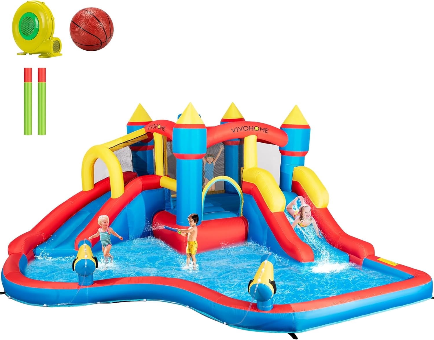 SPECSTAR Inflatable Bounce House Water Bouncer Jumping Castle with 450W Air Blower, Double Water Slide, Sprinkler, Splash Pool, Basketball Hoop, Water Gun, Climbing Wall for Kids Outdoor Backyard