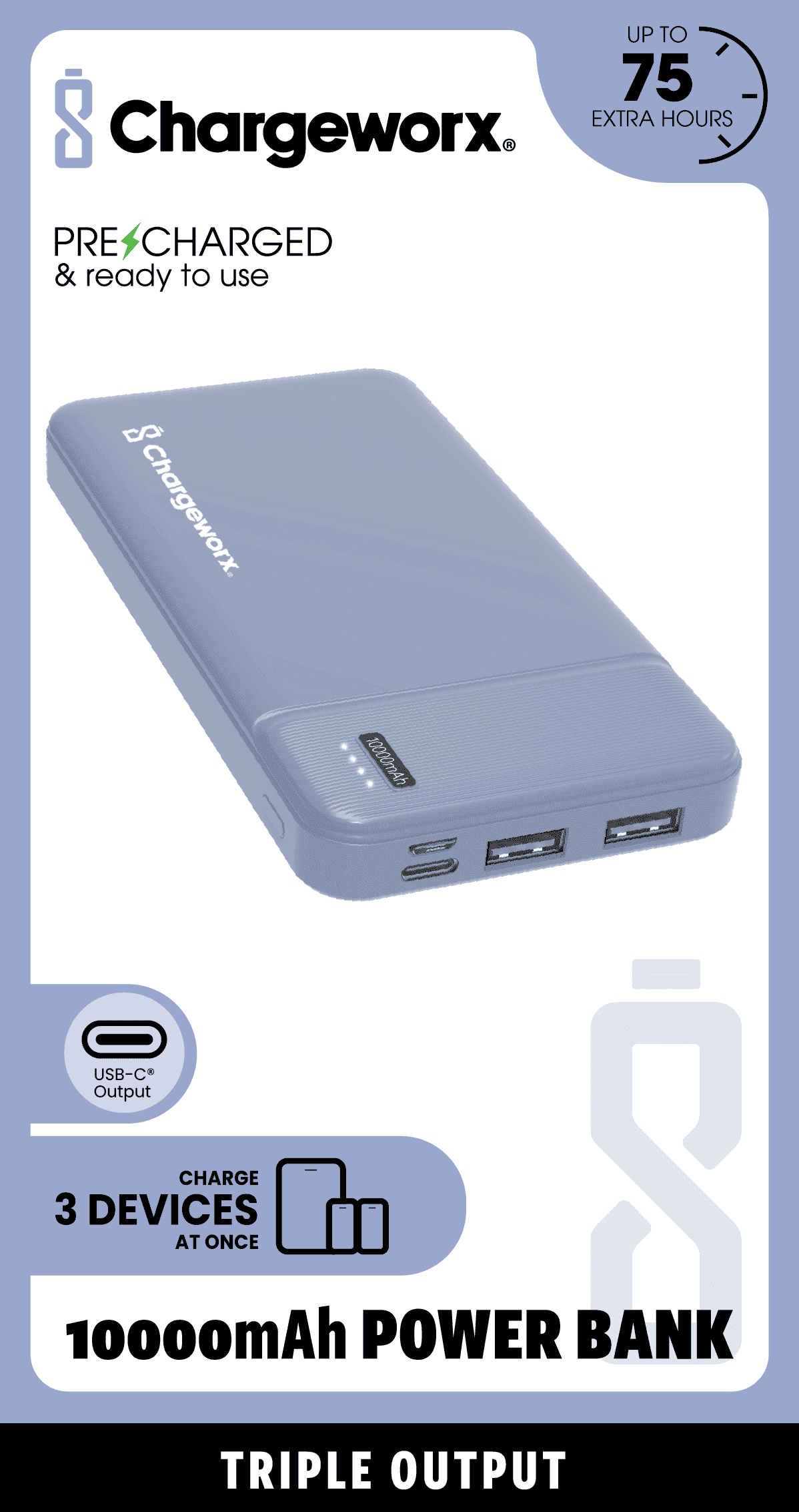 Chargeworx 10000mAh Power Bank – Portable Charger with Triple Output | USB-C, Micro USB & USB Ports | Up to 75 Extra Hours | Compact External Battery Pack for Phones, Tablets & Mor