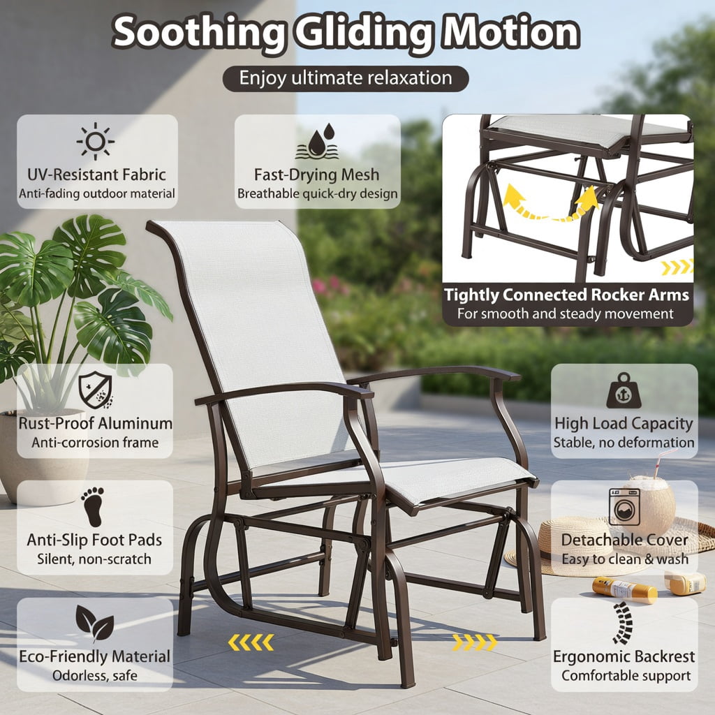 Hommoo 2-Piece Outdoor Glider Chair Set, Ergonomic Fabric & Metal Rocking Chairs for Patio, Porch, Backyard, Breathable Seat, Anti-Slip Feet, Beige