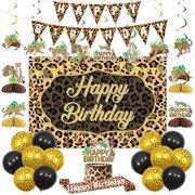 Leopard Birthday Decorations Leopard Happy Birthday Banner Cake Topper Cheetah Hanging Swirls Backdrop Cheetah Honeycomb Centerpieces Sash for Safari Jungle Wild Animal Bday Supplies