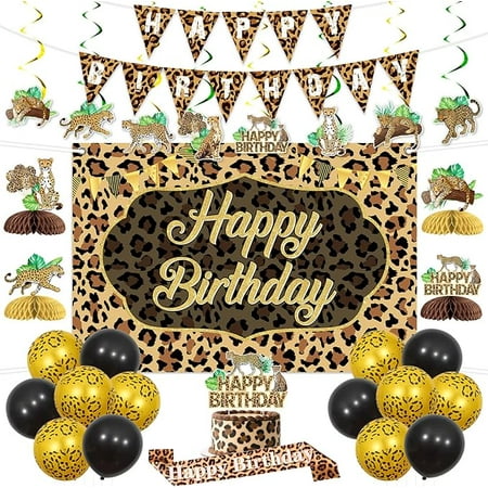 Leopard Birthday Decorations Leopard Happy Birthday Banner Cake Topper Cheetah Hanging Swirls Backdrop Cheetah Honeycomb Centerpieces Sash for Safari Jungle Wild Animal Bday Supplies