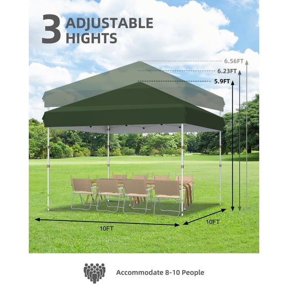 Historyli Tienda de campaña plegable de 10 x 10 pies, resistente, impermeable, con 3 alturas ajustables, color verde