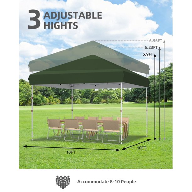 Historyli Tienda de campaña plegable de 10 x 10 pies, resistente, impermeable, con 3 alturas ajustables, color verde