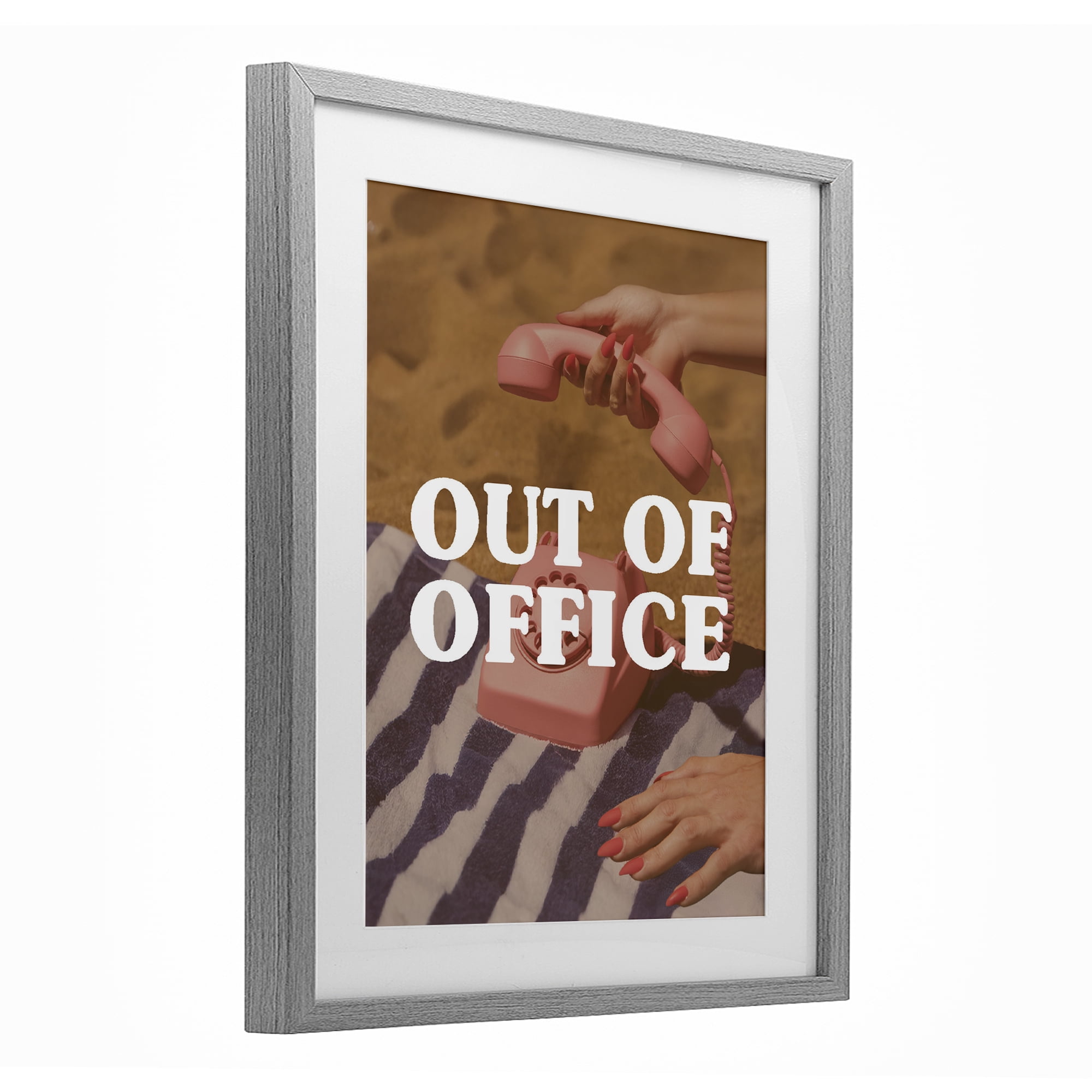 Out of Office Pink Phone Gray Framed Print Under Glass, design by Lil' Rue
