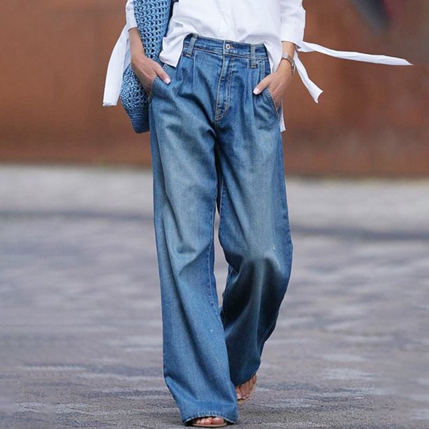 Pantalones vaqueros rectos sueltos para mujer, ropa de calle azul, pantalones de mezclilla para damas de vacaciones con bolsillo