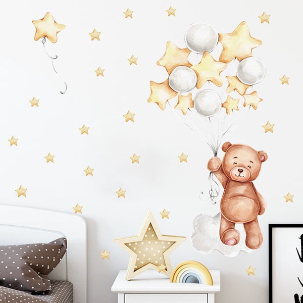 Stickers Muraux Animaux Ours Nuages Lune Étoiles - Autocollants Amovibles Chambre Bébé Enfant