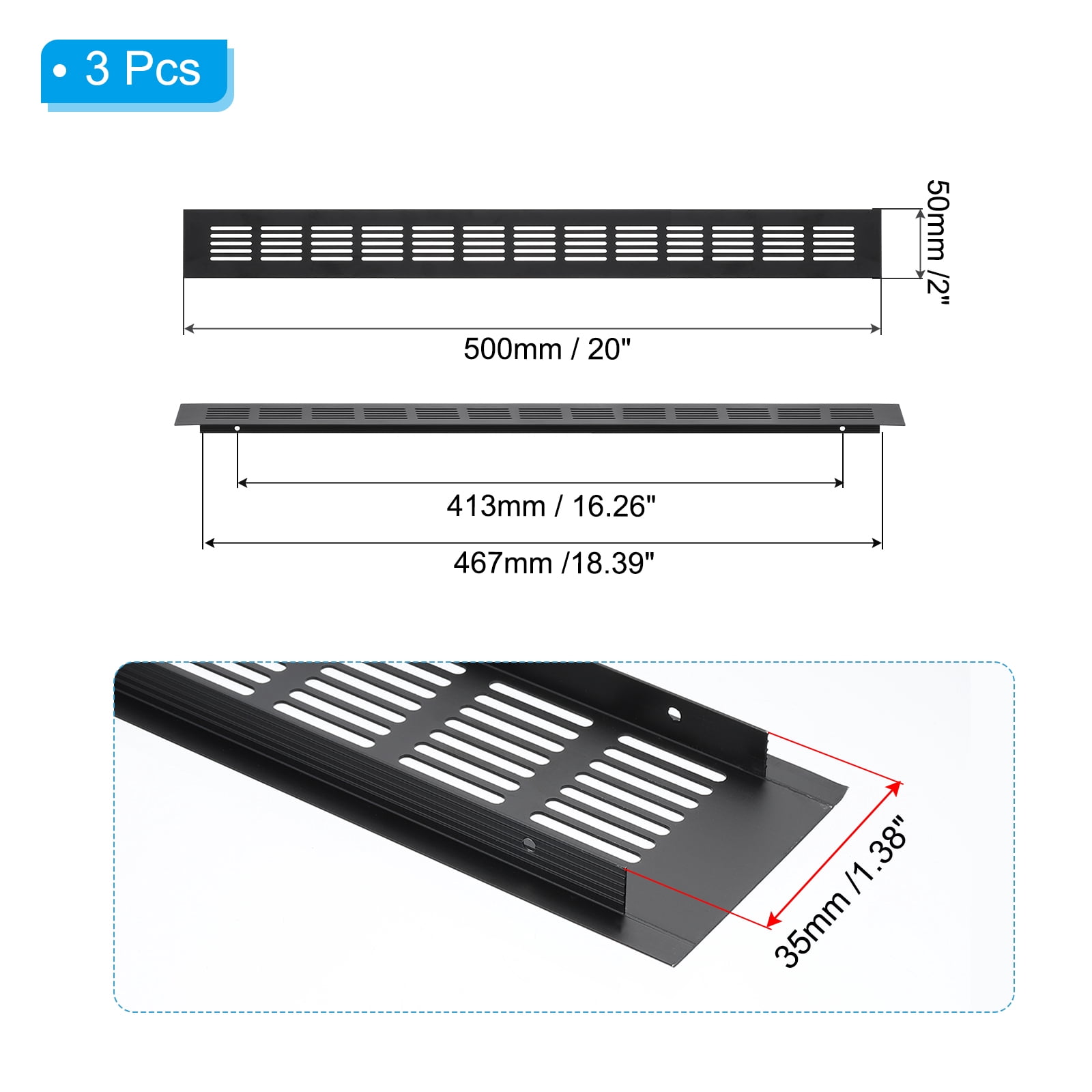 Uxcell 20"x2" Rectangle Air Vent Cover 3pcs Door Grille Ventilation Cover Louvered with Screws for Cabinet Black