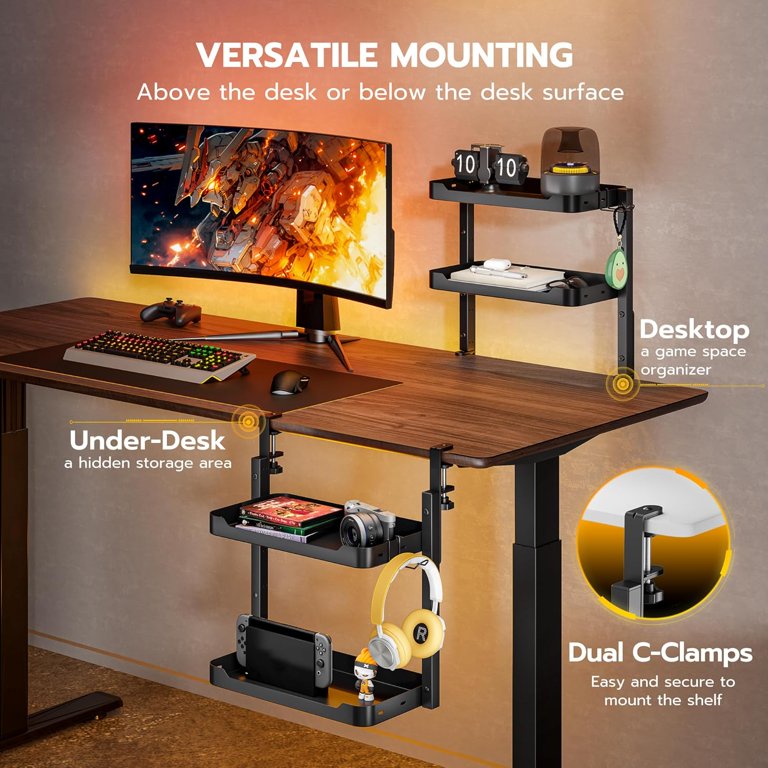 Desktop Storage Shelf With Hooks Clamp-On Desk Shelf With Pegboard (Black, 39.4") - 2-Tier Organizer For Home Office, No Drilling Home Office Organizer