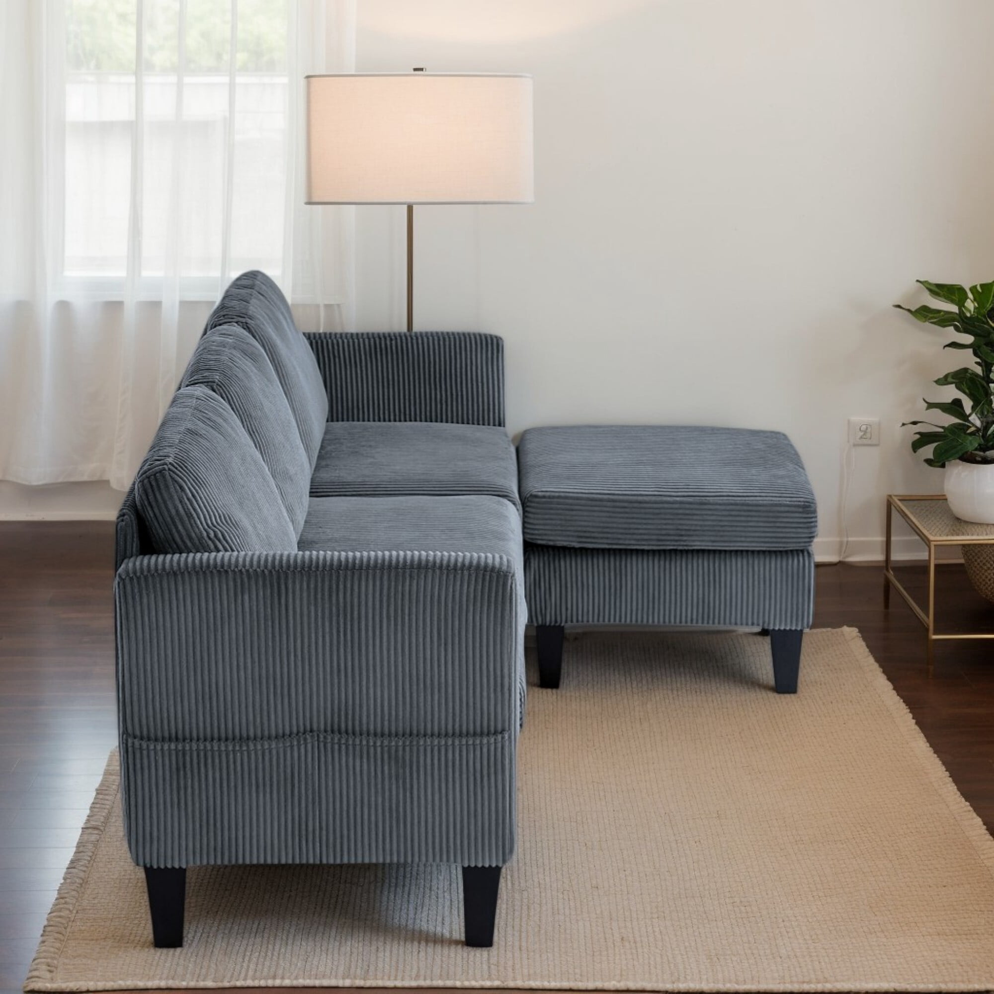 AENKYO 67" L-Shaped Corduroy Sectional Sofa with Storage Ottoman, Modern 3-Seat Couch w/ Side Pockets, Gray