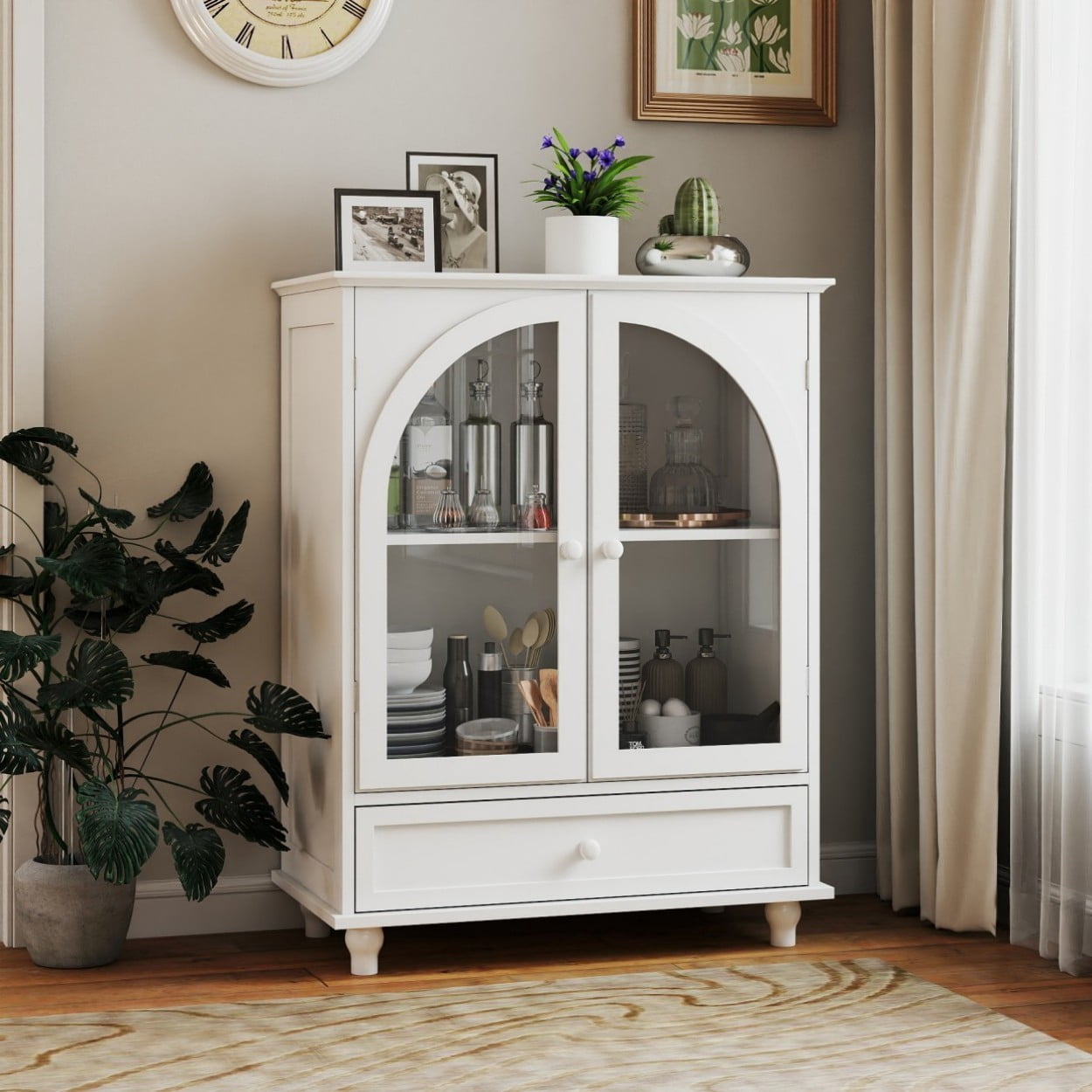 Arched Glass Door Sideboard Cabinet, Farmhouse Buffet Storage Cabinet with Drawer & Tiered Top, White Kitchen Pantry Cabinet for Living Room Coffee Bar, White