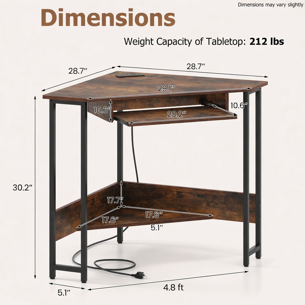 Yardi Yard Triangle Corner Desk with Charging Station Keyboard Tray and Storage Shelf-Rustic Brown, Computer Desk, Gaming Computer Desks for Study,Working,Writing