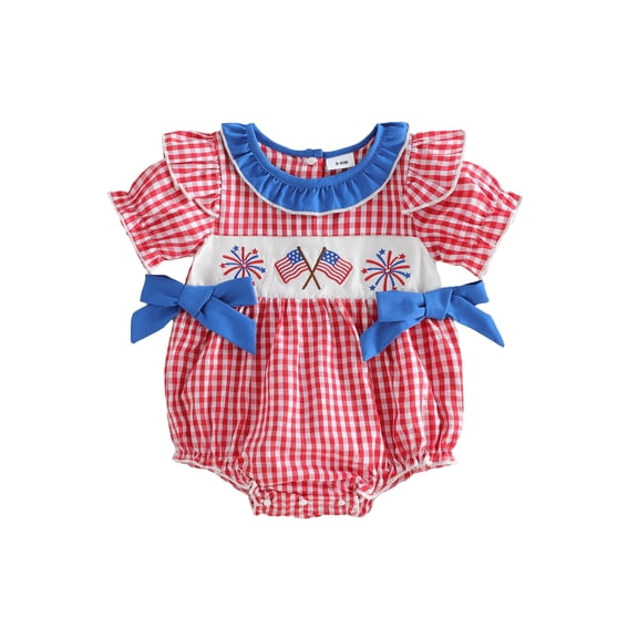 BemeyourBBs Newborn Baby Girl 4th of July Outfit Patriot Independence Day Clothes Summer Gingham Bubble Romper Flag Firework Embroidery Short Sleeve Plaid Bodysuit Playsuit Baby Fourth of July Outfit