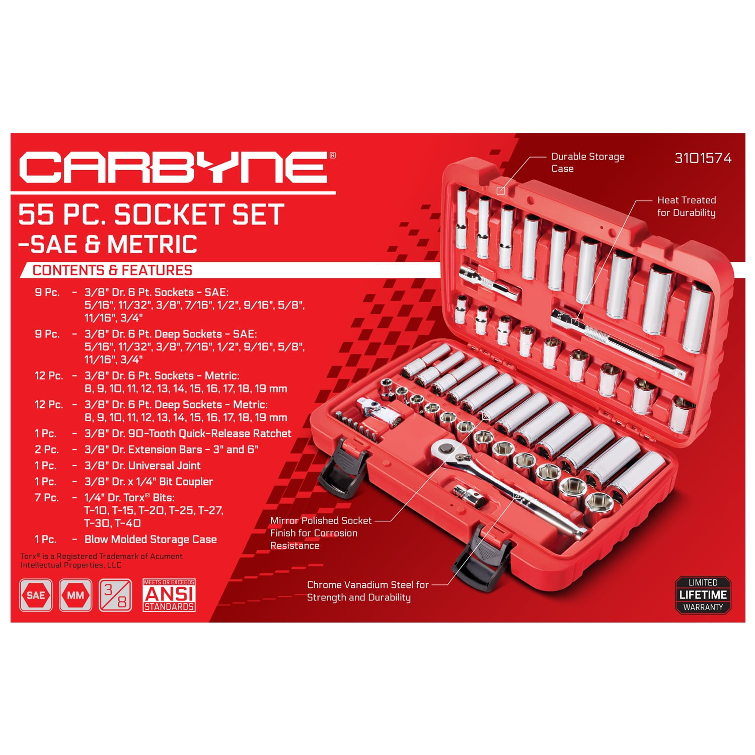 Carbyne 55-Piece 3/8 in. Drive Socket and Ratchet Set, SAE and Metric, 6 Point, CrV Steel, 72-Tooth Ratchet, Deep and Standard Sockets, Storage Case