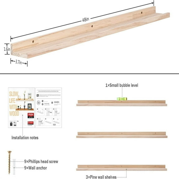 48 Inch Long Narrow Floating Shelves for Wall Storage Rustic Natural Wood Wall Shelf for Wall Décor Wall Bookshelf for Kids Room Picture Ledge Shelf a Set of 3