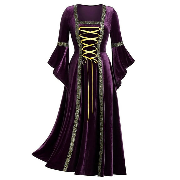 Zpanxa Renaissance Dress for Women, Gothic Halloween Costume Medieval Robe Dress, Solid Splicing Flared Long Sleeve Princess Dress, Gothic Victorian Vampire Maxi Dress Purple S