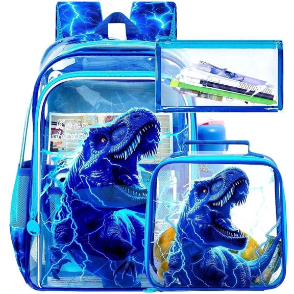 3PCS Clear School Backpack for Boys, Kids Transparent Bookbag Heavy Duty, Lightning T-Rex Dinosaur See Through School Bag for Elementary Preschool