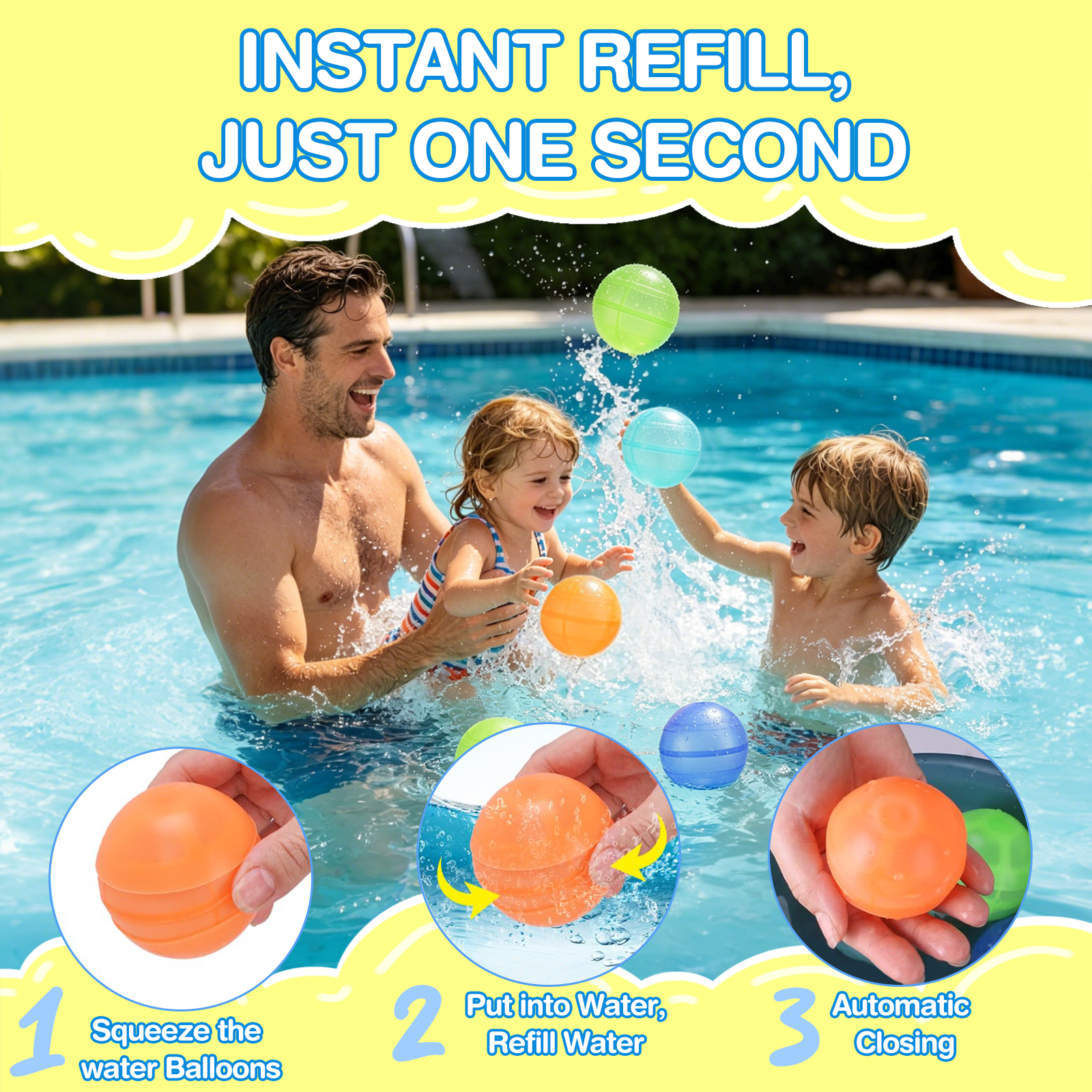 16 Count Reusable Water Balloons, Easy Fill Self Sealing Silicone Water Bombs, Soft Summer Water Toys for Family Backyard Party, Bulk Reusable Water Balloon Set