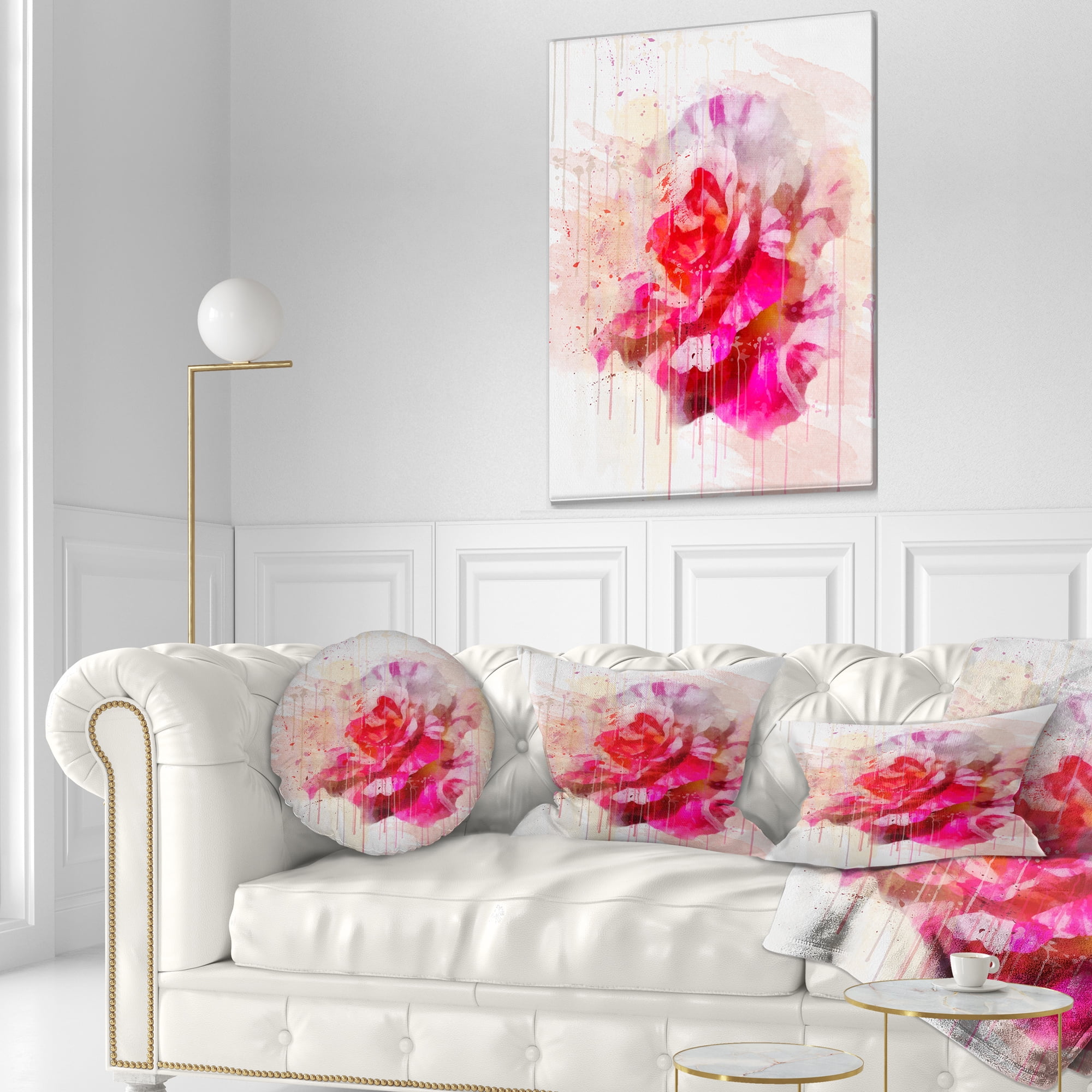 Designart Red Rose with Watercolor Splashes - Floral Throw Pillow - 12x20