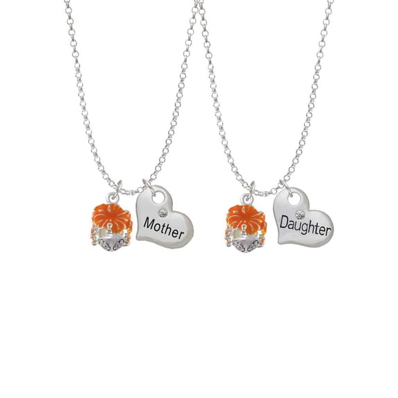 Delight Jewelry Hot Orange Hibiscus Flowers Spinner Mother & Daughter Heart Necklaces (Set of 2), 19"+2"