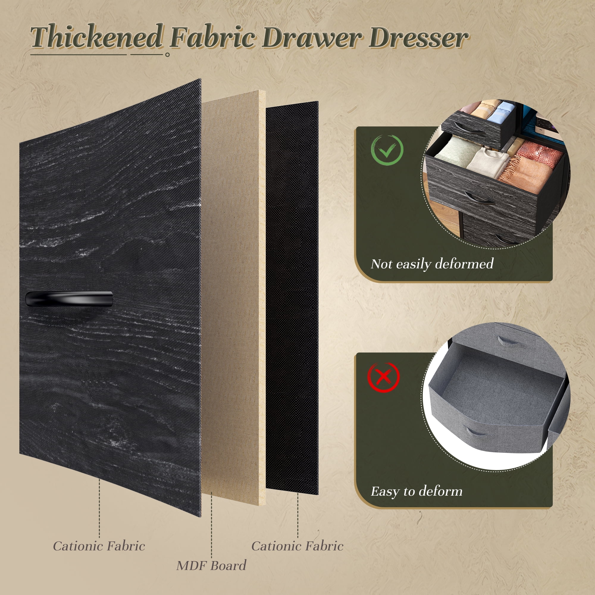 Enhomee Black Dresser for Bedroom with LED Lights & Charging Station Tall Chest of 10 Fabric Drawers with Storage Shelves
