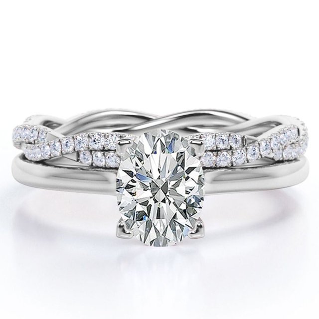 JeenMata Juego de 4 Puntas - Forma Ovalada de 1,75 Quilates - Juego de Boda con Caña Retorcida Pavé - Baño de Oro Blanco de 18 K sobre Plata (Personaliza la Banda de Tu Anillo de Bodas)