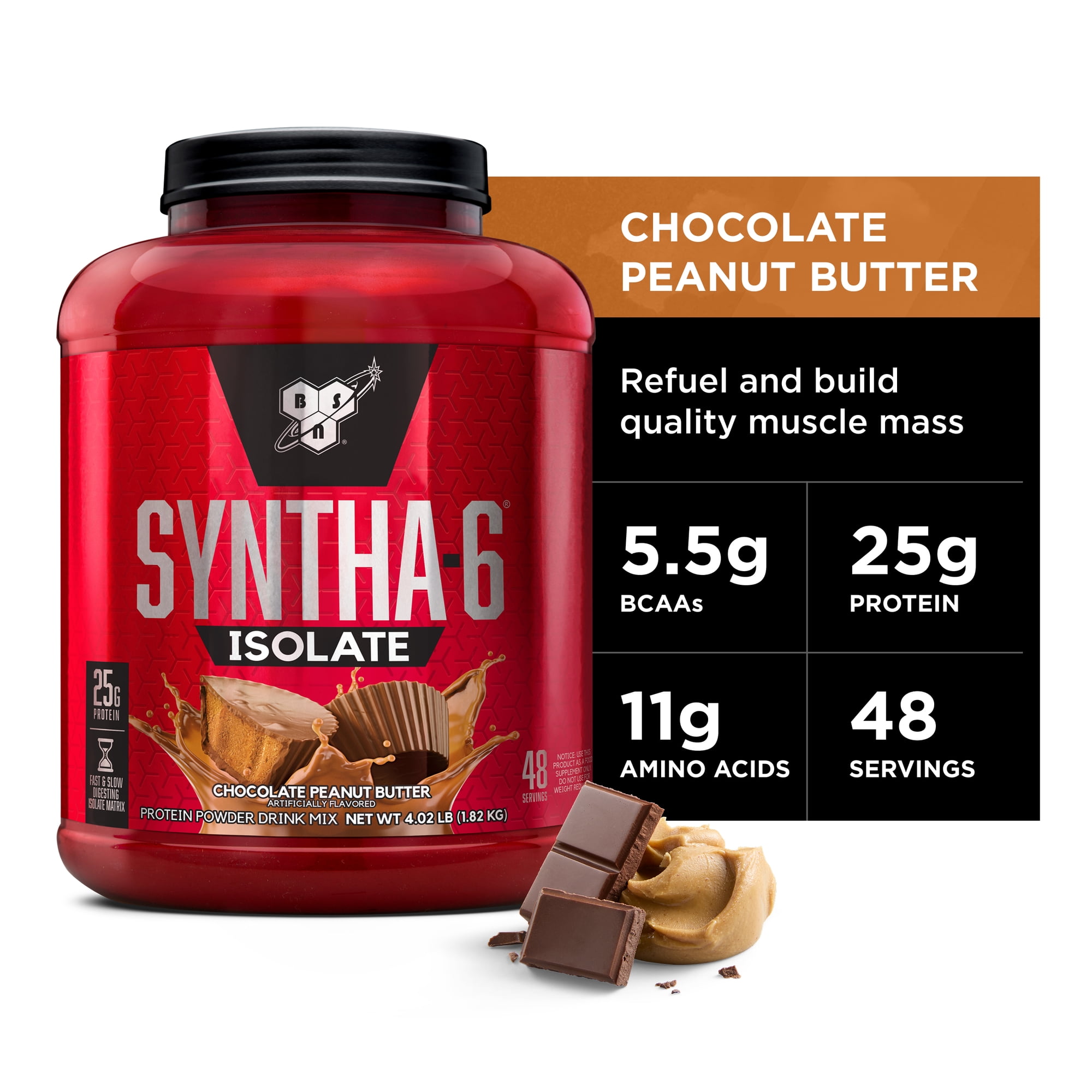 BSN SYNTHA-6 Isolate Protein Powder, Peanut Butter Protein Powder with Whey Protein Isolate, Milk Protein Isolate, Flavor: Chocolate Peanut Butter, 48 Servings