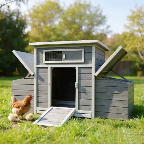 57" Large Wooden Chicken Coop with 6 Nesting Boxes, Outdoor Hen House Poultry Cage with Ramps