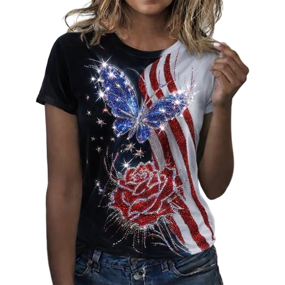 250 Anniversary Usa Shirt Summer Tops for Women Graphic Tees Stylish Printed Short Sleeve Round Neck Comfortable Casual Daily Everyday Wear