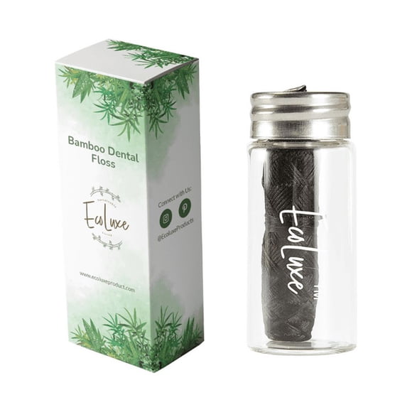 EcoLuxe Fil Dentaire Naturel Biodégradable Infusé de Charbon de Bambou I Contenant en Verre Rechargeable à Saveur de Menthe I Fibre de Bambou Écologique de 30 Mètres I Produits Sans Plastique