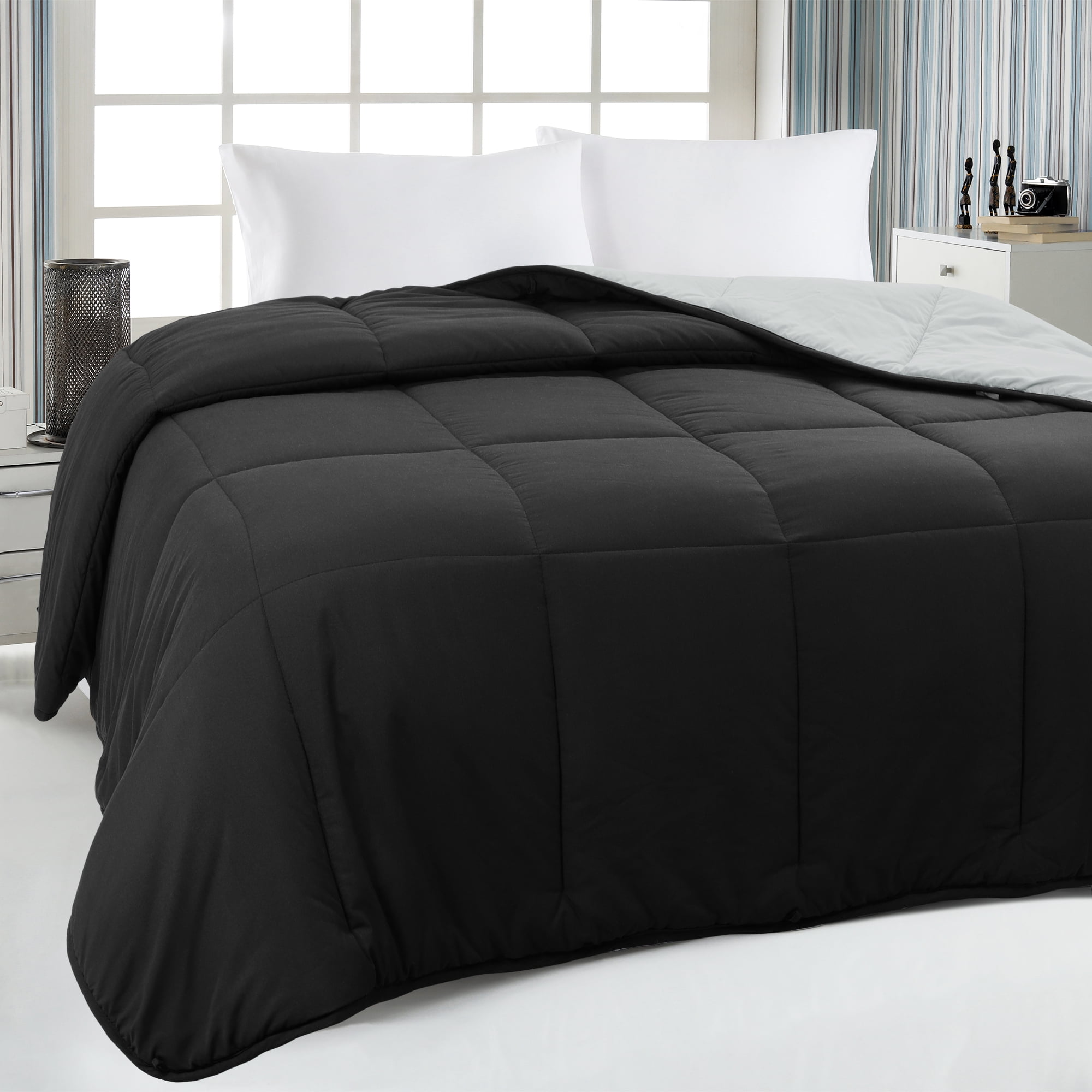 Unique Bargains Quilt Lightweight Down Comforter Black/Light Gray King
