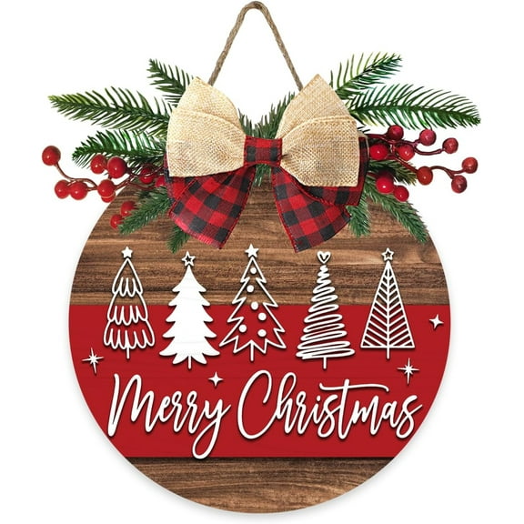 FUNING Merry Christmas Tree Front Door Sign, Xmas Holiday Farmhouse Wood Door Hanger Outdoor Outside Porch Decor, Rustic Wooden Wreath with Plaid Bow Red Berry Indoor Wall Hanging Decoration